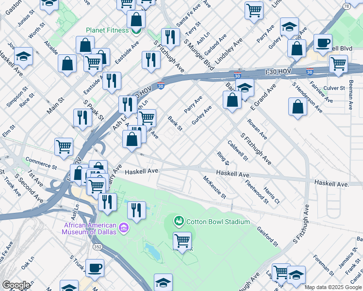 map of restaurants, bars, coffee shops, grocery stores, and more near 4523 Philip Avenue in Dallas