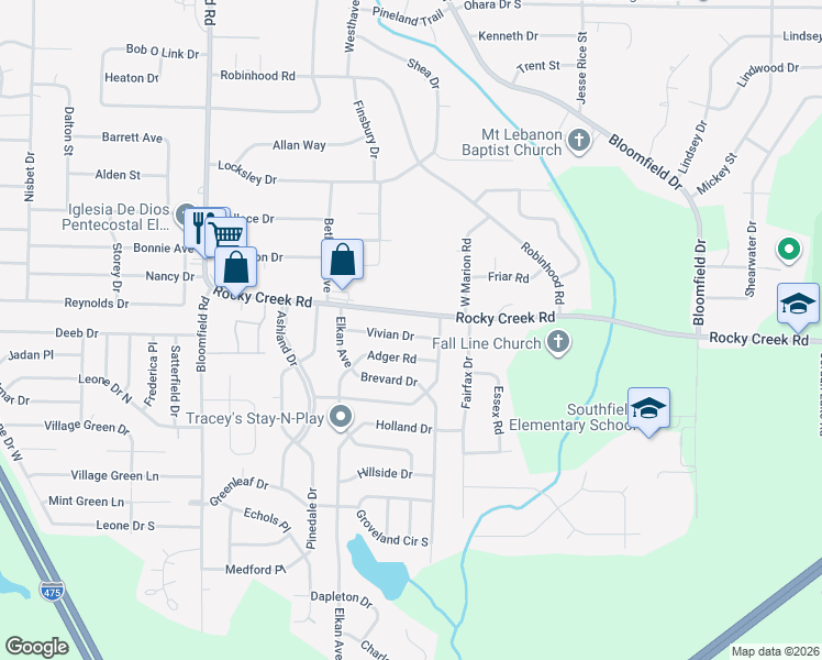map of restaurants, bars, coffee shops, grocery stores, and more near 2436 Vivian Drive in Macon