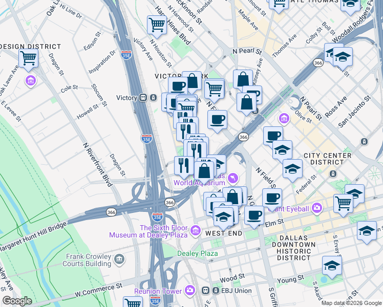 map of restaurants, bars, coffee shops, grocery stores, and more near 2315 North Houston Street in Dallas