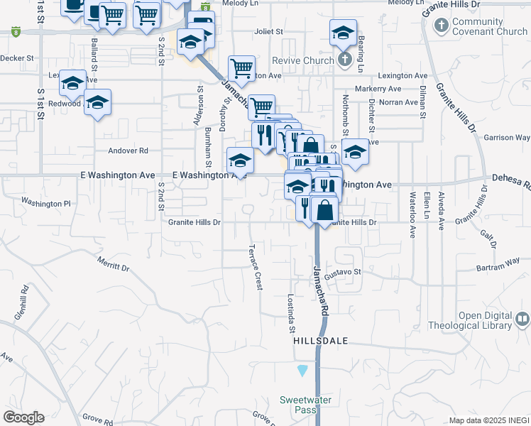 map of restaurants, bars, coffee shops, grocery stores, and more near 1426 Granite Hills Drive in El Cajon