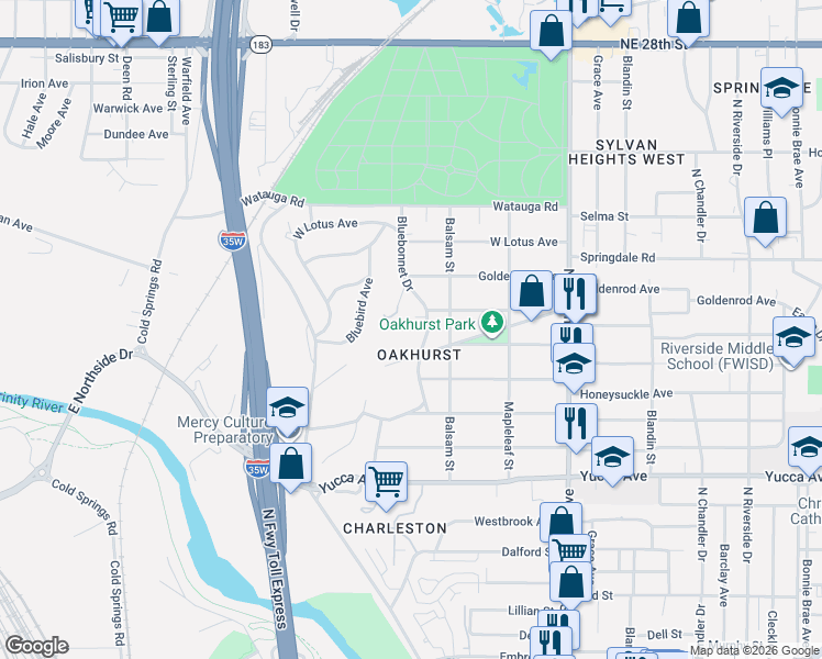map of restaurants, bars, coffee shops, grocery stores, and more near 2201 Daisy Lane in Fort Worth