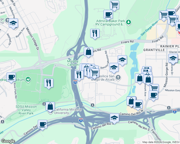 map of restaurants, bars, coffee shops, grocery stores, and more near 10402 Harlow Circle in San Diego