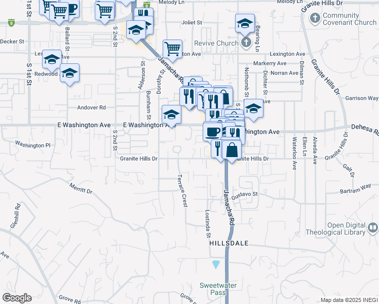 map of restaurants, bars, coffee shops, grocery stores, and more near 1426 Granite Hills Drive in El Cajon
