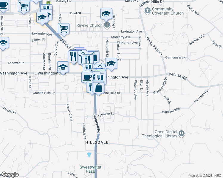 map of restaurants, bars, coffee shops, grocery stores, and more near 1540 Granite Hills Drive in El Cajon