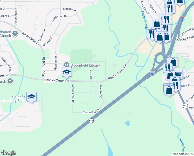 map of restaurants, bars, coffee shops, grocery stores, and more near 1785 Rocky Creek Road in Macon