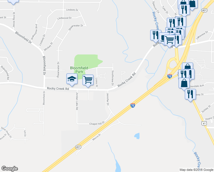 map of restaurants, bars, coffee shops, grocery stores, and more near 1785 Rocky Creek Road in Macon