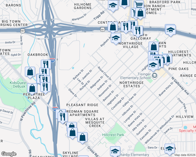 map of restaurants, bars, coffee shops, grocery stores, and more near 1418 Ridgeview Street in Mesquite
