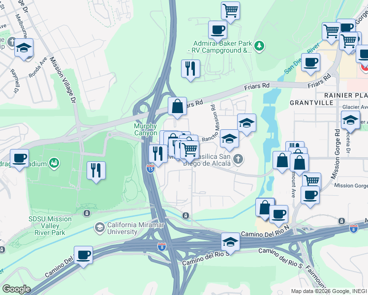 map of restaurants, bars, coffee shops, grocery stores, and more near 10472 San Diego Mission Road in San Diego