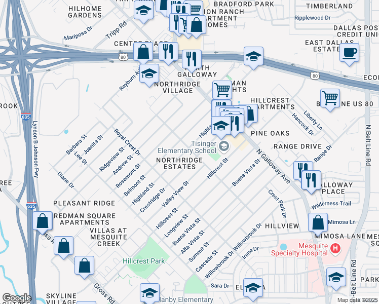 map of restaurants, bars, coffee shops, grocery stores, and more near 1630 Highland Street in Mesquite