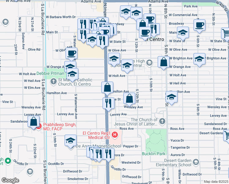 map of restaurants, bars, coffee shops, grocery stores, and more near 1485 Hamilton Avenue in El Centro