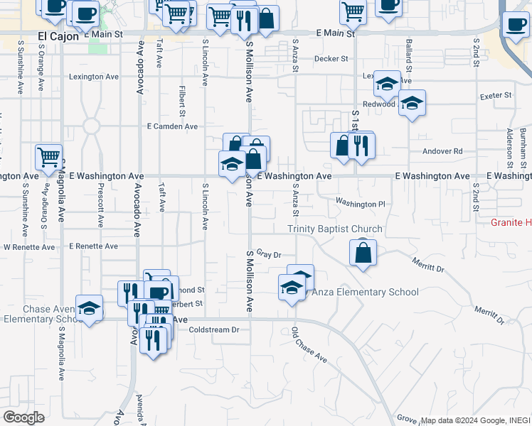 map of restaurants, bars, coffee shops, grocery stores, and more near 851 South Mollison Avenue in El Cajon