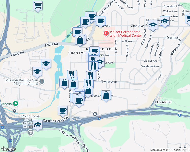 map of restaurants, bars, coffee shops, grocery stores, and more near 6115 Mission Gorge Road in San Diego
