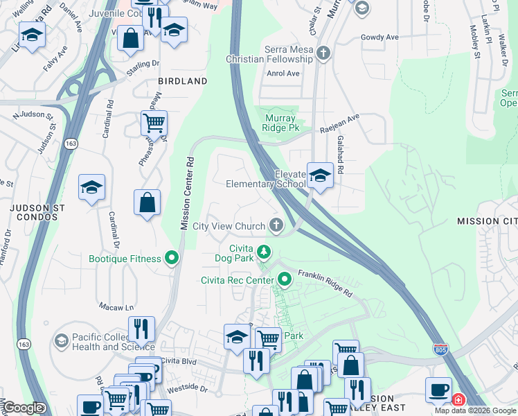map of restaurants, bars, coffee shops, grocery stores, and more near 8433 Abbots Hill Road in San Diego
