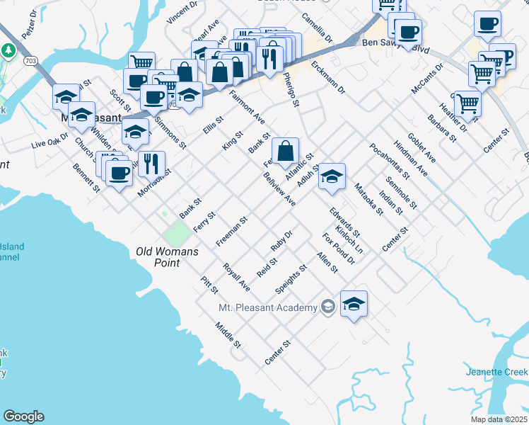 map of restaurants, bars, coffee shops, grocery stores, and more near 604 Adluh Street in Mount Pleasant
