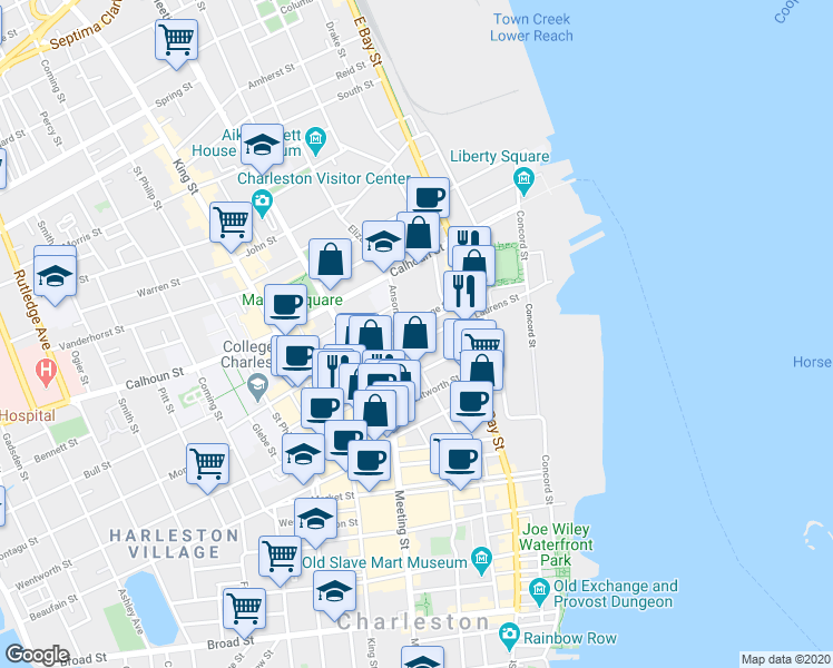 map of restaurants, bars, coffee shops, grocery stores, and more near 55 Laurens Street in Charleston