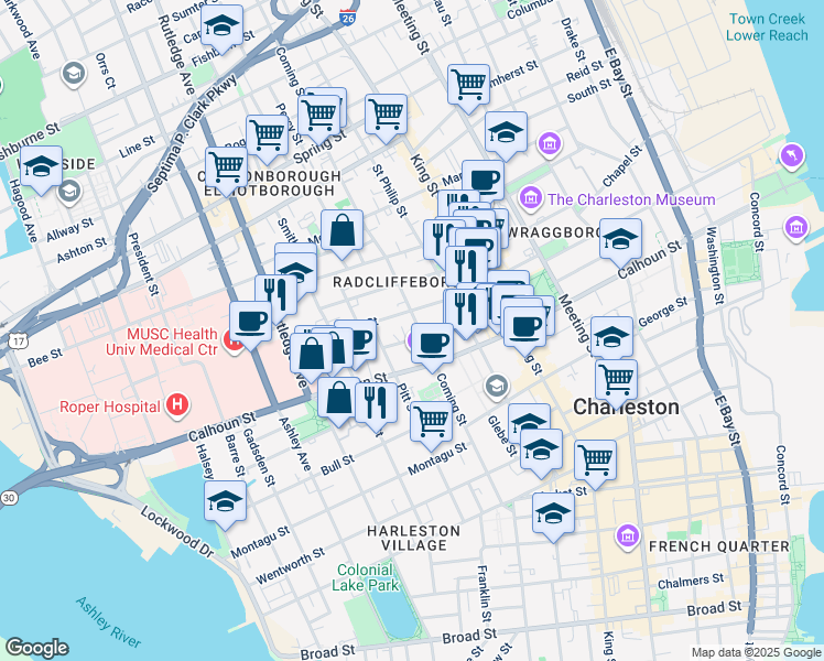 map of restaurants, bars, coffee shops, grocery stores, and more near 20 Duncan Street in Charleston
