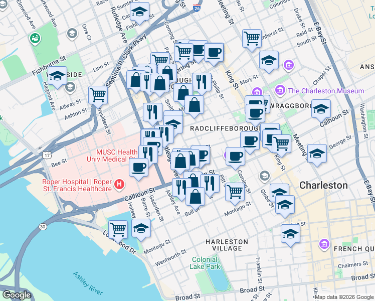 map of restaurants, bars, coffee shops, grocery stores, and more near 73 Vanderhorst Street in Charleston