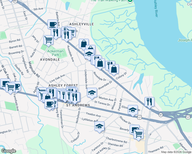 map of restaurants, bars, coffee shops, grocery stores, and more near 2 Ashdale Drive in Charleston