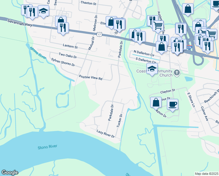 map of restaurants, bars, coffee shops, grocery stores, and more near 415 Parkdale Drive in Charleston