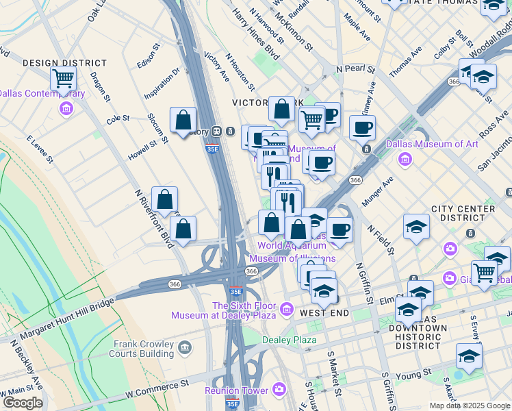 map of restaurants, bars, coffee shops, grocery stores, and more near 2427 North Houston Street in Dallas