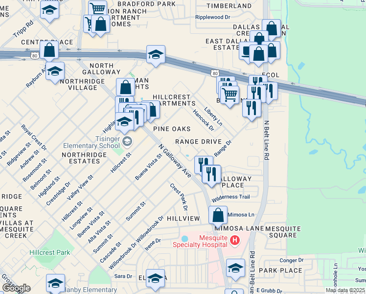 map of restaurants, bars, coffee shops, grocery stores, and more near 1544 North Galloway Avenue in Mesquite