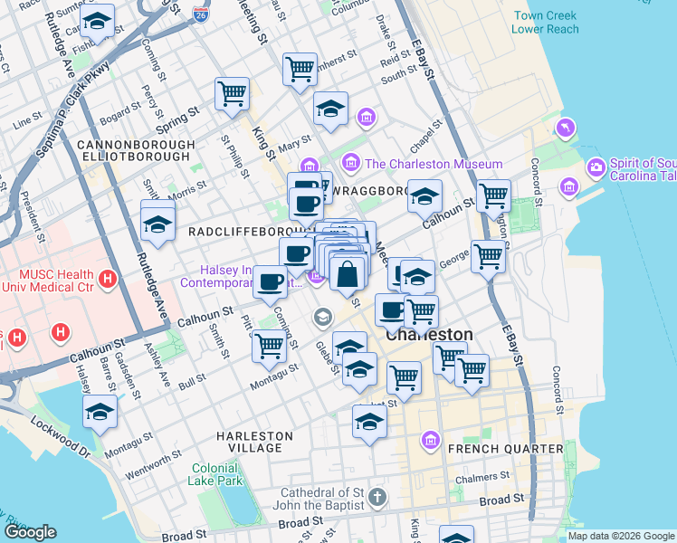 map of restaurants, bars, coffee shops, grocery stores, and more near King St & Calhoun St in Charleston