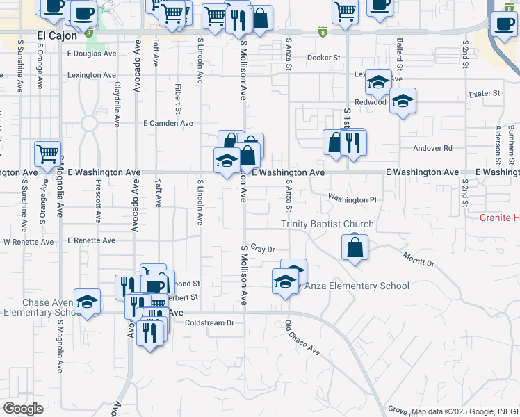 map of restaurants, bars, coffee shops, grocery stores, and more near 807 South Mollison Avenue in El Cajon