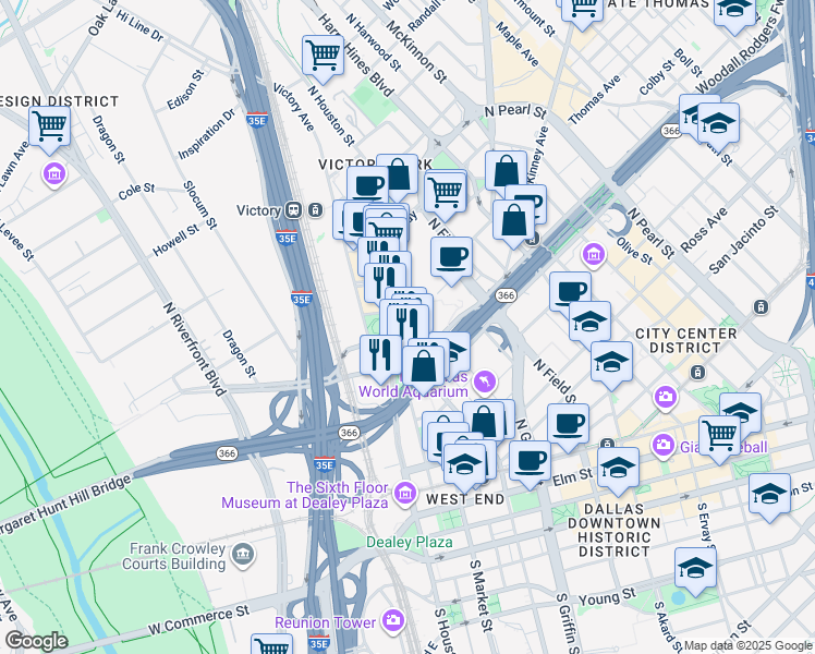 map of restaurants, bars, coffee shops, grocery stores, and more near 2320 North Houston Street in Dallas