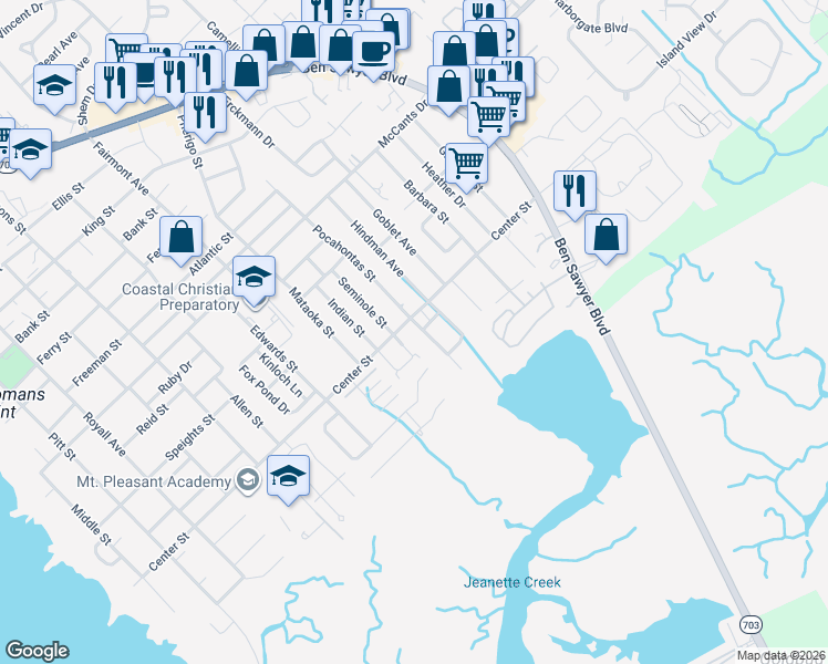 map of restaurants, bars, coffee shops, grocery stores, and more near 813 Marsh Grove Avenue in Mount Pleasant