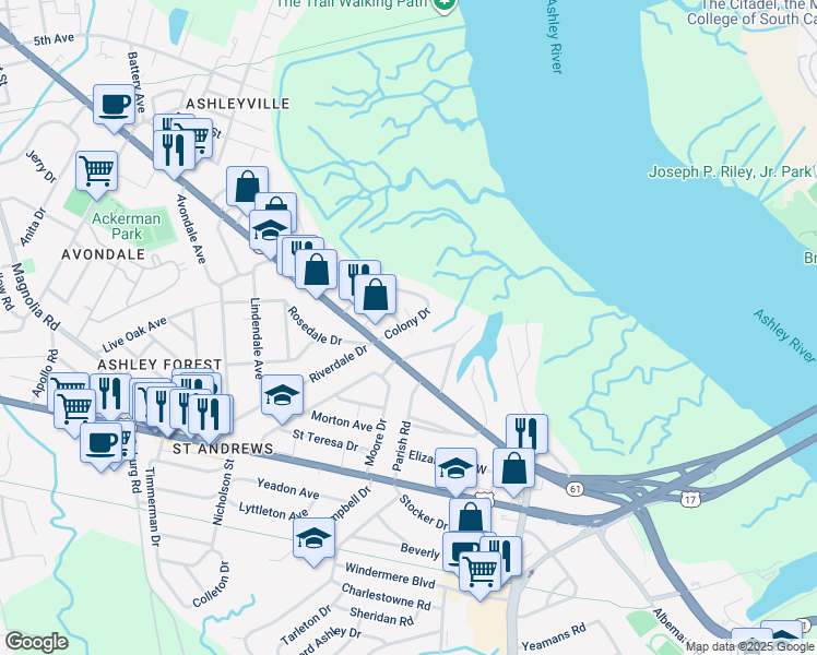map of restaurants, bars, coffee shops, grocery stores, and more near 632 Saint Andrews Boulevard in Charleston