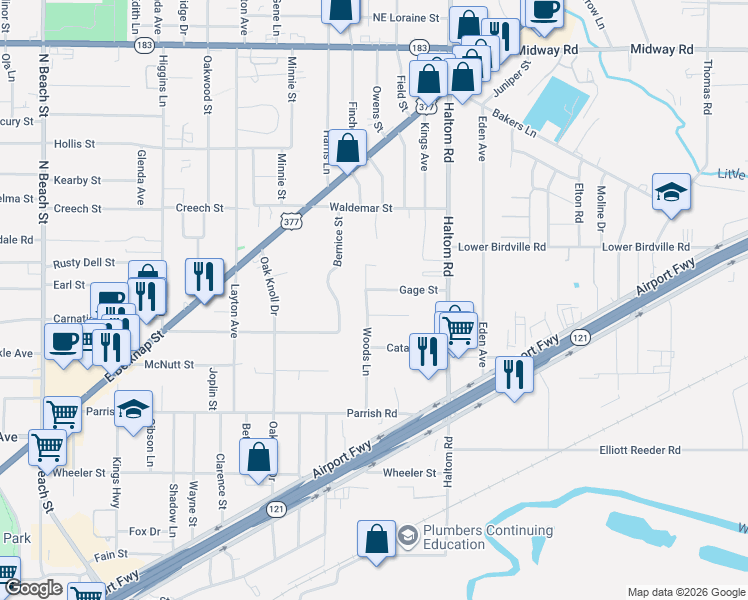 map of restaurants, bars, coffee shops, grocery stores, and more near 5001 Village Court in Fort Worth