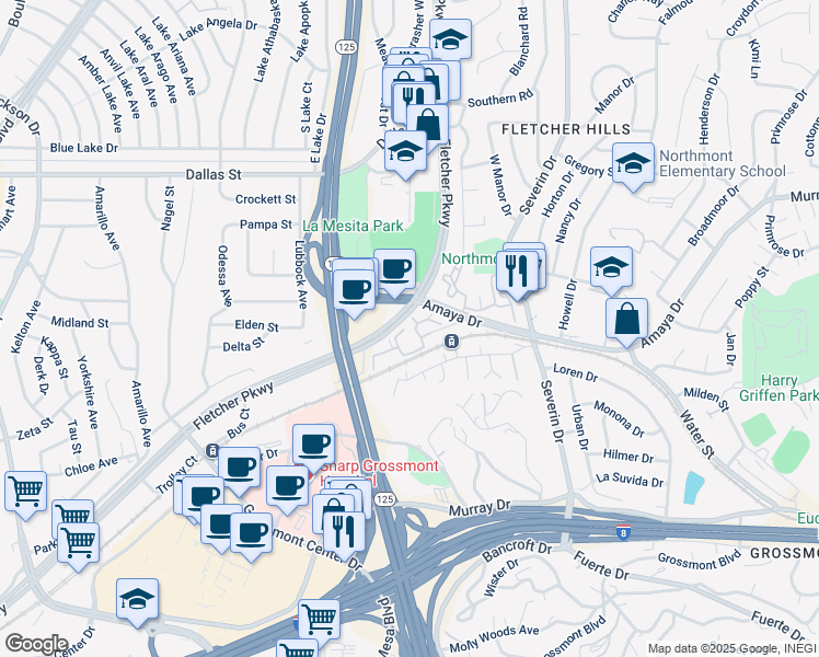 map of restaurants, bars, coffee shops, grocery stores, and more near 5639 Amaya Drive in La Mesa