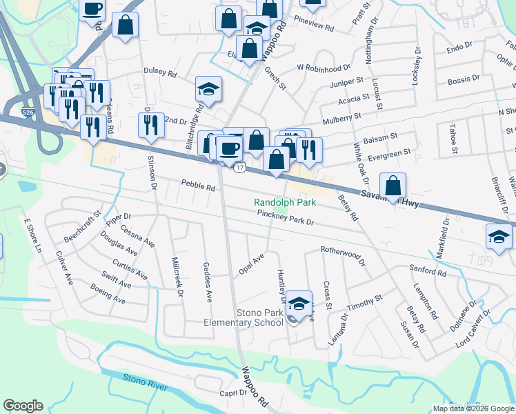 map of restaurants, bars, coffee shops, grocery stores, and more near 1728 Pinckney Park Drive in Charleston