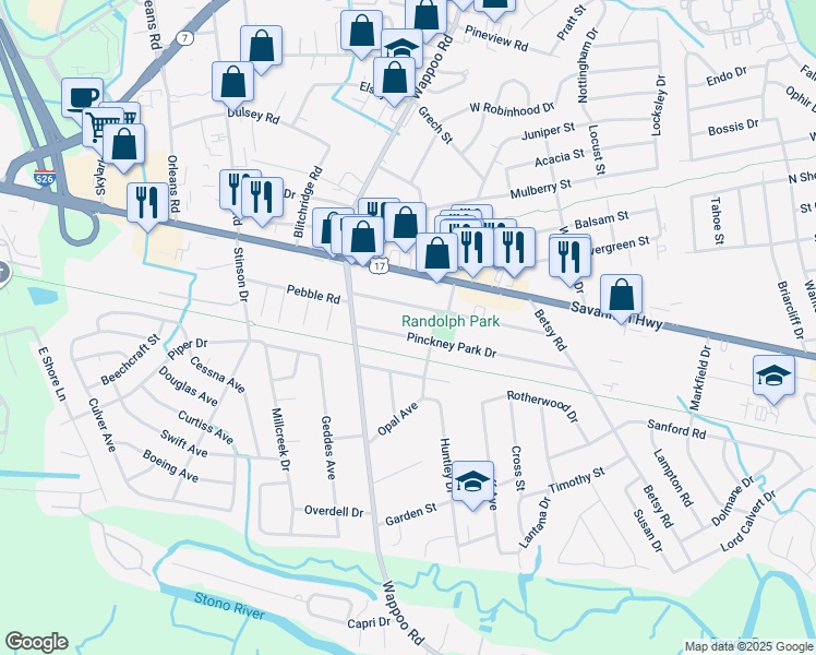 map of restaurants, bars, coffee shops, grocery stores, and more near 1718 Pinckney Park Drive in Charleston