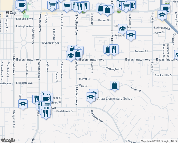 map of restaurants, bars, coffee shops, grocery stores, and more near 968 Merritt Drive in El Cajon