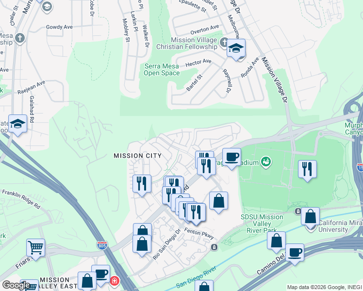 map of restaurants, bars, coffee shops, grocery stores, and more near 2642 Bellezza Drive in San Diego