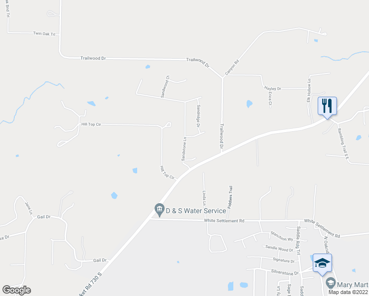 map of restaurants, bars, coffee shops, grocery stores, and more near 110 Sandstone Lane in Weatherford