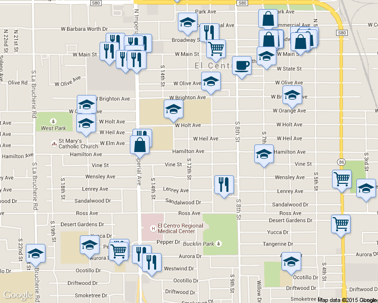 map of restaurants, bars, coffee shops, grocery stores, and more near Hamilton Avenue & South 12th Street in El Centro