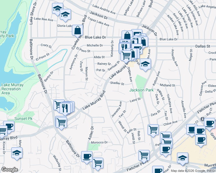 map of restaurants, bars, coffee shops, grocery stores, and more near 5875 Lake Murray Boulevard in La Mesa