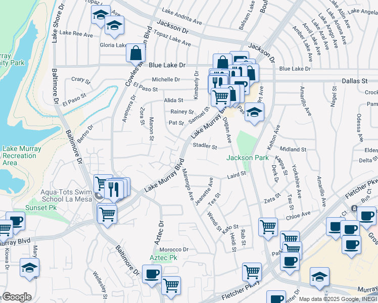 map of restaurants, bars, coffee shops, grocery stores, and more near 5875 Lake Murray Boulevard in La Mesa