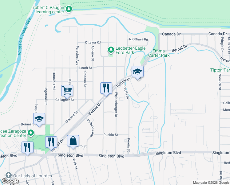 map of restaurants, bars, coffee shops, grocery stores, and more near 3502 Weisenberger Drive in Dallas