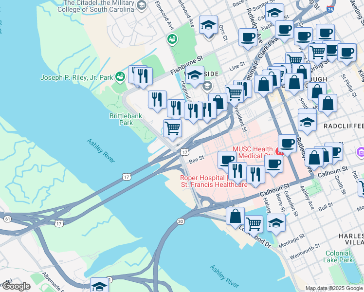 map of restaurants, bars, coffee shops, grocery stores, and more near 255 Spring Street in Charleston