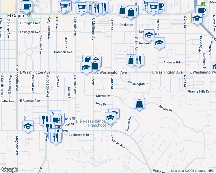 map of restaurants, bars, coffee shops, grocery stores, and more near 968 Merritt Drive in El Cajon