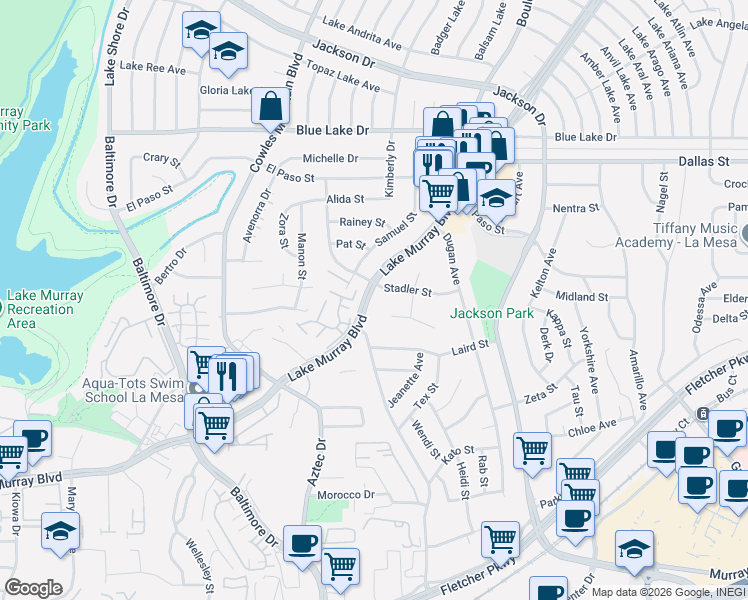 map of restaurants, bars, coffee shops, grocery stores, and more near 5845 Lake Murray Boulevard in La Mesa