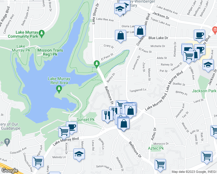map of restaurants, bars, coffee shops, grocery stores, and more near 5877 Baltimore Drive in La Mesa