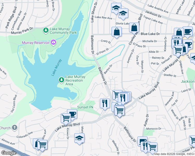 map of restaurants, bars, coffee shops, grocery stores, and more near 5710 Baltimore Drive in La Mesa