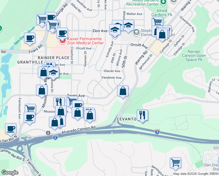 map of restaurants, bars, coffee shops, grocery stores, and more near 4874 Loukelton Way in San Diego