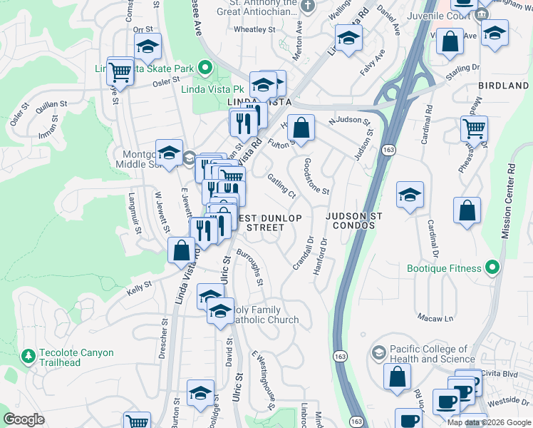map of restaurants, bars, coffee shops, grocery stores, and more near 2229 Dunlop Street in San Diego