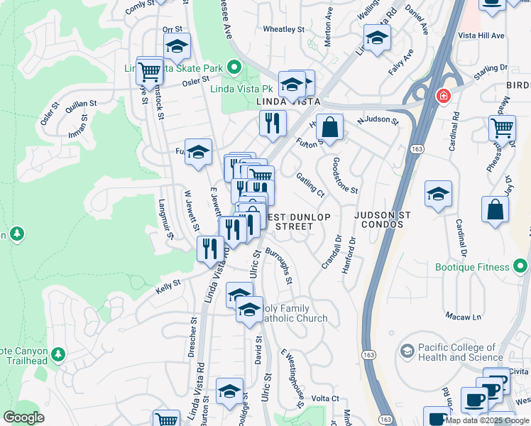 map of restaurants, bars, coffee shops, grocery stores, and more near 6941 Linda Vista Road in San Diego
