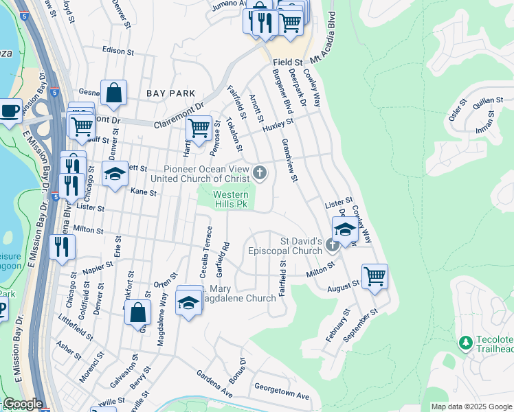 map of restaurants, bars, coffee shops, grocery stores, and more near 4877 Kane Street in San Diego